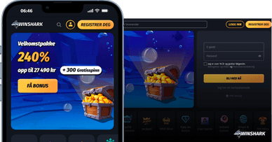 Officiellt utseende på WinShark casino webbplats