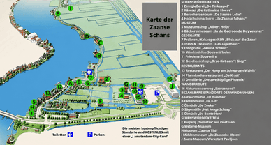 Karte der Zaanse Schans mit Windmühlen, Museen, Restaurants und Parkplatz