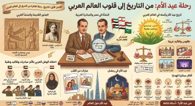 إنفوجرافيك يلخص تاريخ نشأة عيد الأم وتقاليده وأفكار الهدايا في العالم العربي.