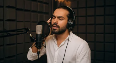 حاميم في استوديو التسجيل المغني الإيراني الشاب حاميم يغني في استوديو تسجيل احترافي أثناء العمل على إحدى أغاني حاميم الجديدة.