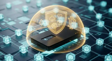 أمان البيتكوين في كازينوهات الكريبتو محفظة رقمية سوداء محمية بدرع ذهبي متوهج يضم رموز الكازينو وعملة البيتكوين على خلفية تقنية متطورة.