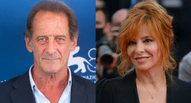Montage photographique de Vincent Lindon et Mylène Farmer lors d'un événement médiatique.
