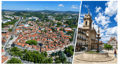 Vista aérea de Guimarães e chafariz no Largo do Toural