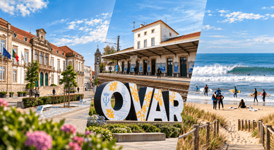 Colagem de Ovar: edifício histórico, estação, letreiro e surfistas
