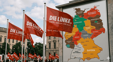 Das Logo der Partei Die Linke vor dem Hintergrund der deutschen Flagge symbolisiert soziale Gerechtigkeit