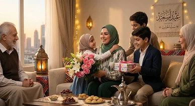 عائلة عربية سعيدة تحتفل بعيد الأم، الأبناء يقدمون الزهور والهدايا بحضور الجد والجدة.
