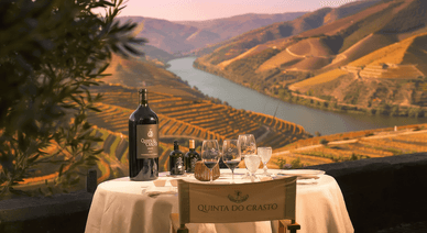 Panorama das vinhas em socalcos da Quinta do Crasto sobre o rio Douro, em Sabros, Portugal