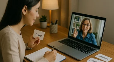 طالبة تتلقى إحدى دروس اللغة الإسبانية الخصوصية عبر الإنترنت مع معلمتها، وتستخدم البطاقات التعليمية لتعلم المفردات.