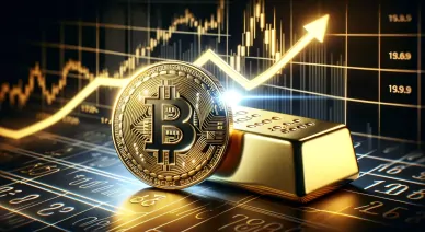 Bitcoin et lingot d'or sur fond de graphique financier.
