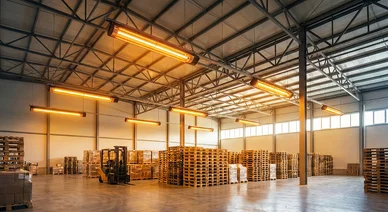 أنظمة تدفئة إشعاعية صناعية (گرماتاب) معلقة في سقف مستودع كبير يضم منصات خشبية ورافعة شوكية.