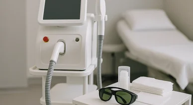 أفضل جهاز ليزر لازالة الشعر في عيادة تجميل مجهزة مع نظارات الحماية.