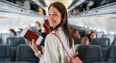 Femme voyageant en avion avec son passeport, illustrant l’idée de Se protéger à l’étranger.