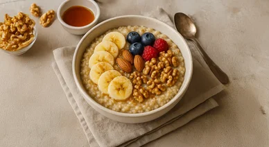 وعاء شهي يوضح فوائد الشوفان الصحية، مزين بالفواكه الطازجة مثل الموز والتوت والمكسرات كالجوز واللوز.