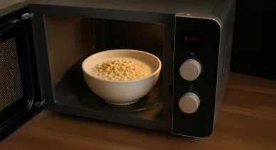 تحضير وعاء من الشوفان الفوري/السريع في الميكروويف، وهي الطريقة الأسرع للحصول على وجبة إفطار دافئة في دقائق.