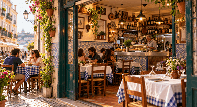 Esplanada de tasca típica com azulejos lisboetas