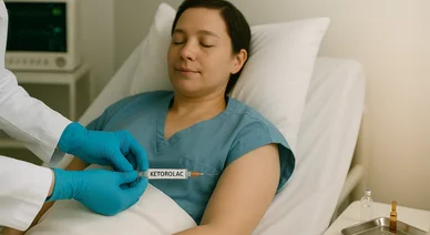 طبيب يقوم بتحضير حقنة كيتورولاك لإعطائها لمريضة في المستشفى بهدف تسكين الألم الحاد بعد العمليات الجراحية.