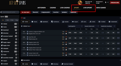 Sportwetten-Bereich von JetSetSpin Casino