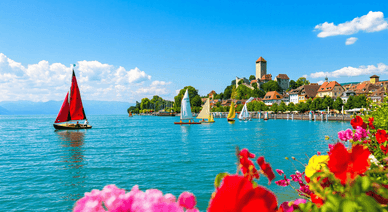 Panoramablick auf den Bodensee mit Bergen am Horizont