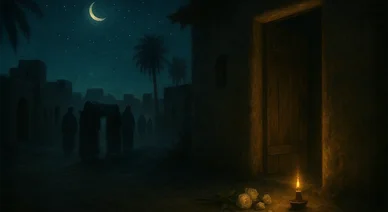 مشهد ليلي يرمز إلى شهادة فاطمة الزهراء، حيث تظهر جنازتها في الخلفية وباب بيتها المفتوح مع شمعة وورود بيضاء.