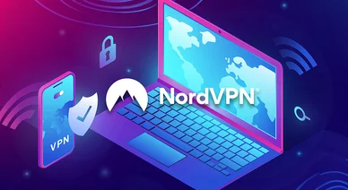 حاسوب محمول وهاتف ذكي يعرضان تطبيقات حماية مع علامة NordVPN ورموز الأمان الرقمي مثل القفل والدرع على خلفية تقنية زرقاء وبنفسجية.