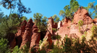 Falaises rouges du Sentier des Ocres entourées de pins sous un ciel clair.
