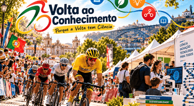 Ilustração da Volta ao Conhecimento com ciclistas em corrida e um stand de ciência com microscópio e crianças