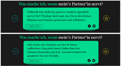 Coron-A-Mat Tippkarten zur Kategorie meine Partnerin nervt mit Ratschlägen für Paare in Quarantäne