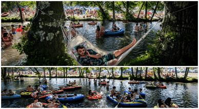 Festivaleiros a relaxar no rio Coura em boias infláveis e num rede de descanso