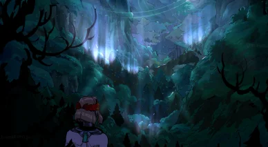 Mélinoé observe un paysage forestier dans Hades 2.