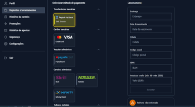 Test ao levantamento de dinheiro em euro no Casino Play-Baze