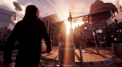 Image de « We Lost » (Project W), première itération de Clair Obscur : Expedition 33, montrant une rue steampunk au coucher du soleil.