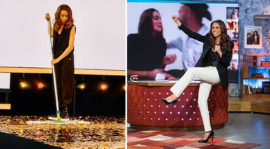 Filomena Cautela limpa os confetes no palco e posa no estúdio do programa “5 Para a Meia-Noite”