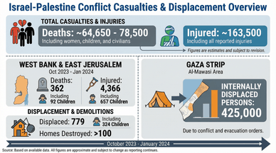 Infografik om statistik över dödsoffer och fördrivna personer i konflikten mellan Israel och Palestina