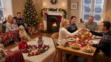 Familjär stämning på julen: utbyte av julklappar, festmiddag