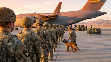 جنود أمريكيون بعتادهم الكامل يصطفون أمام طائرة شحن عسكرية ضخمة، برفقة كلب عمل عسكري.