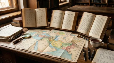 مكتب باحث يحتوي على خرائط لغوية للشرق الأوسط وكتب تقارن بين الأبجديات الكردية اللاتينية والسورانية.