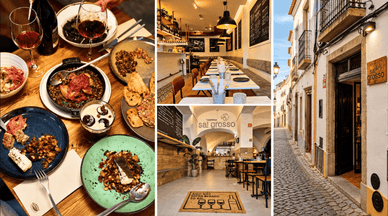 Petiscos, salas e fachada das casas da Taberna Sal Grosso