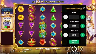 Réglages de mise dans Gates of Olympus 1000 avec multiplicateur de pari. Menu de mise de Gates of Olympus 1000 affichant le multiplicateur de pari et le réglage du montant total.
