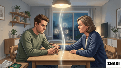 Illustration av en lugn och stödjande samtalssituation mellan två personer om spelproblem.