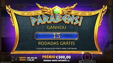 Activation de 15 tours gratuits dans Gates of Olympus 1000 avec prix de 300 €. Écran de Gates of Olympus 1000 annonçant 15 tours gratuits et un prix affiché de 300 €.