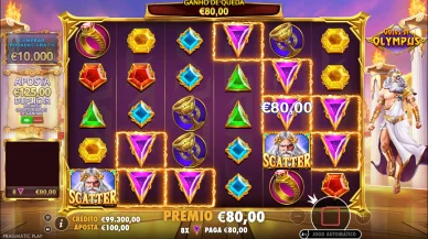 Gain de 80 € dans Gates of Olympus 1000 avec combinaison de symboles. Écran de Gates of Olympus 1000 montrant un gain de 80 € avec des symboles gagnants et un scatter.