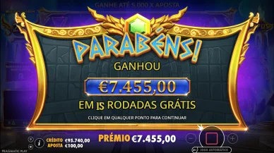 Victoire en tours gratuits dans Gates of Olympus 1000 avec un gain affiché de 7 455 €. Écran de gain de Gates of Olympus 1000 avec un prix de 7 455 € remporté en tours gratuits.
