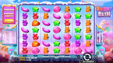 Interface principale de Sugar Rush avec les symboles de bonbons, la mise et le bouton de rotation.