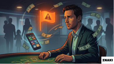 Illustration av växande spelproblem – spelare omgiven av pengar och bettingappar medan relationer hamnar i bakgrunden