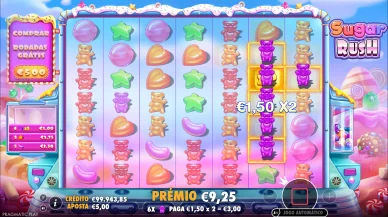 Capture d’écran de Sugar Rush avec des oursons violets alignés et un multiplicateur x2 visible.