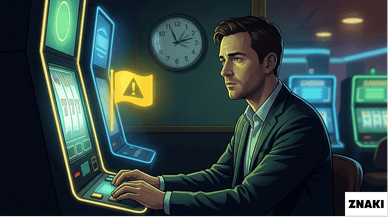 Illustration av tidiga varningssignaler för spelproblem – person som spelar länge på en spelautomat medan tiden går