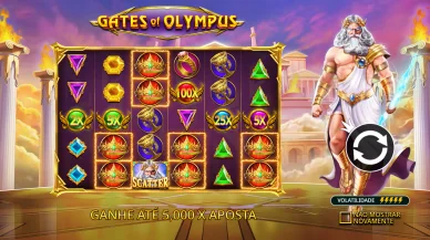 Présentation du plateau de jeu Gates of Olympus 1000 avec Zeus et des multiplicateurs. Interface de Gates of Olympus 1000 avec les symboles, les multiplicateurs et le personnage de Zeus.