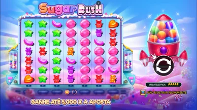 Écran de présentation de Sugar Rush avec la machine à bonbons et l’indication de volatilité.