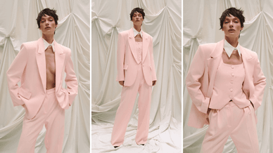 Жіночий костюм-трійка ніжно-рожевого кольору з весняної колекції New Form українського бренду CHER’17