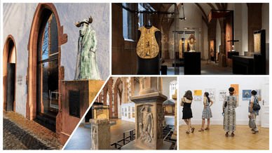 Collage aus vier Fotos von Museen am Frankfurter Museumsufer: Stierstatue am Eingang, Saal mit goldenen Kirchenschätzen, antike Reliefs und Besucher bei einer Illustrationsausstellung
